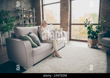 Schön attraktiv ruhig ruhig ruhig konzentriert wie geschickt graue Frau sitzt auf Divan Browsing Informationen Online-Arzt Beratung Besuch Industrie Stockfoto