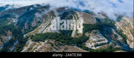 Luftbild, geologische Landschaft, Lastras de las Heras, Valle de Losa, Junta de Traslaloma, Las Merindades, Burgos, Castilla y Leon, Spanien, Europa Stockfoto