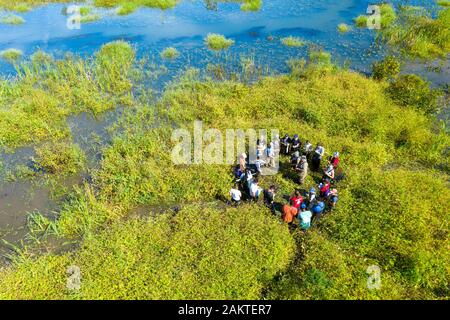 Studenten durch die sumpfigen Feuchtgebiete von patuxent Wetlands Park in Lothian, Maryland Wade. Stockfoto