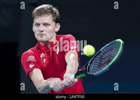 Sydney, Australien. 10 Jan, 2020. David Goffin Belgien konkurriert beim ATP-Cup Viertelfinale gegen Rafael Nadal aus Spanien in Sydney, Australien, Jan. 10, 2020. Credit: Zhu Hongye/Xinhua/Alamy leben Nachrichten Stockfoto