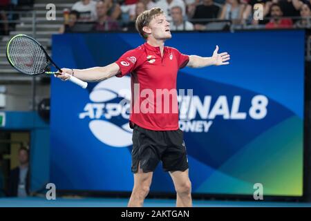 Sydney, Australien. 10 Jan, 2020. David Goffin Belgien feiert nach dem Gewinn der ATP-Cup Viertelfinale gegen Rafael Nadal aus Spanien in Sydney, Australien, Jan. 10, 2020. Credit: Zhu Hongye/Xinhua/Alamy leben Nachrichten Stockfoto