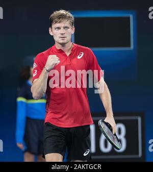 Sydney, Australien. 10 Jan, 2020. David Goffin Belgien reagiert beim ATP-Cup Viertelfinale gegen Rafael Nadal aus Spanien in Sydney, Australien, Jan. 10, 2020. Credit: Zhu Hongye/Xinhua/Alamy leben Nachrichten Stockfoto