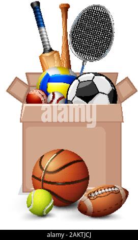 Karton voller Sport Ausrüstungen auf weißem Hintergrund Abbildung Stock Vektor