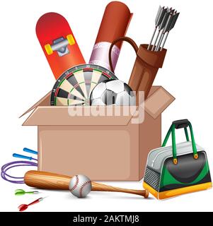 Karton voller Sport Ausrüstungen auf weißem Hintergrund Abbildung Stock Vektor