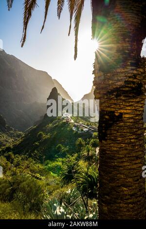 Spanien, Tenera, Sonnenstrahlen, die von hinter Palmen auf felsigen Bergen des Bergdorfs masca Canyon leuchten Stockfoto