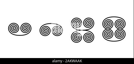 Durch die spiralförmige Anordnung der Ornamente. Zwei verbundene lineare Spiralen bilden Gurtschloss oder Spiralgehäuse geformten Symbolen, auch in zwei verschiedenen Zahlen kombiniert. Stockfoto