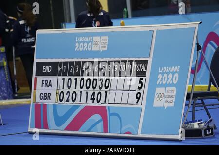 Lausanne, Schweiz. 10 Jan, 2020. Die Großbritannien Mannschaft erfolgreich am Curling Spiel gegen Frankreich und gewann 9:5 auf den 10. Januar 2020 in Champery curling Arena in der Schweiz während der YOG Lausanne 2020. Credit: AlfredSS/Alamy leben Nachrichten Stockfoto