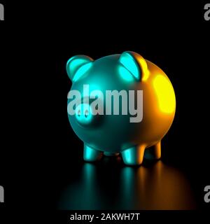 Goldene Sparschwein auf Schwarze und farbige Standlicht. Geld und Einsparungen Konzept. 3D-Render Bild. Stockfoto