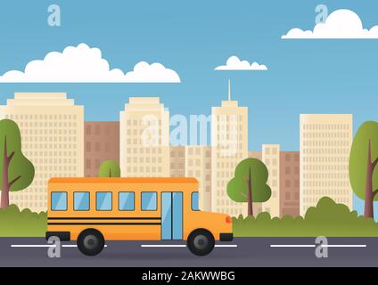 Yellow School Bus. Cute cartoon School Bus. Moderne Stadt für den Hintergrund. Zurück zum Konzept der Schule. Vector Illustration Stock Vektor