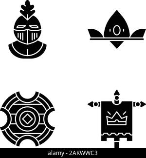 Mittelalterliche Glyphe Symbole gesetzt. Ritter Helm, Royal Crown, Schlacht Schild, König Flagge. Silhouette Symbole. Vektor isoliert Abbildung Stock Vektor