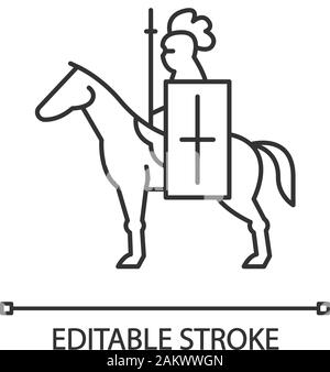 Pferd Ritter mit Fahne lineare Symbol. Mittelalterliche Soldat Pferd mit Standard- und Lanze. Krieger in voller Rüstung. Dünne Linie Abbildung. Kontur Symbol. Stock Vektor