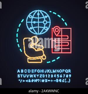 Reisen Kinderbetreuung Neon Licht Konzept Symbol. Babypflege im Flugzeug, Bus, Auto, Zug, auf Urlaub Idee. Neugeborenes, Baby liefert. Leuchtende Zeichen mit Alphabet, Stock Vektor