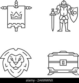 Meddieval lineare Symbole gesetzt. König Flagge, Lion's Head, Schatztruhe, Ritter in voller Rüstung mit Schwert und Schild. Thin Line Kontur Symbole. Isola Stock Vektor