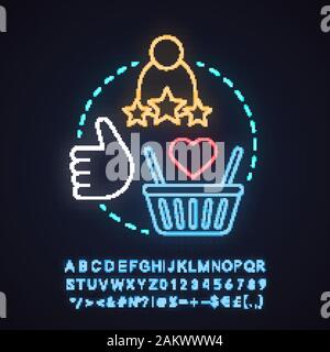 Kundenzufriedenheit Neon Licht Konzept Symbol. Positives Feedback Idee. Ranking, Rating. Leuchtende Zeichen mit Alphabet, Zahlen und Symbolen. Vektor isolat Stock Vektor