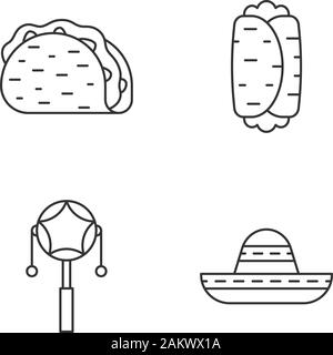 Mexikanische lineare Symbole gesetzt. Latin party. Taco, burrito, mexikanische pellet Trommel, Sombrero. Thin Line Kontur Symbole. Isolierte vektor Kontur Illustrationen. Stock Vektor