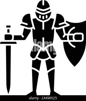 Mittelalterliche Ritter mit Schild und Schwert glyph Icon. Krieger in voller Rüstung. Das rittertum. Alte Platte Rüstung. Herr. Silhouette Symbol. Negative Stock Vektor