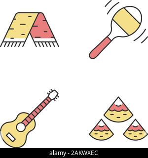 Die mexikanische Kultur color Symbole gesetzt. Traditionelle Kleidung, Musik, Essen. Serape, maraca, Gitarre, Nachos. Isolierte Vektorgrafiken Stock Vektor