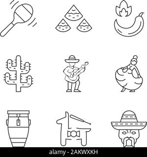 Mexikanische lineare Symbole gesetzt. Lateinamerikanische Musik, Tanz, Essen, Natur, Spaß, Leute. Cinco de Mayo Festival. Thin Line Kontur Symbole. Isoliert Stock Vektor