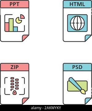 Dateien format Farbe Symbole gesetzt. Präsentation, Webseite, Archiv, Bild Dateien. PPT, HTML, ZIP, PSD. Isolierte Vektorgrafiken Stock Vektor