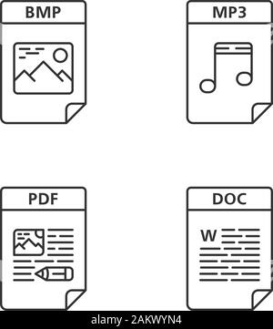 Dateien Format lineare Symbole gesetzt. Bild-, Audio- Dateien, Textdokumente. BMP, MP3, PDF, DOC. Thin Line Kontur Symbole. Isolierte vektor Kontur Abbildung Stock Vektor