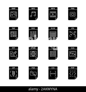 Dateien format Glyphe Symbole gesetzt. Multimedia-, Text-, Bild-, Web digitale Dateien. BMP, MP3, MP4, PNG, PDF, DOC, XLS, JPG, PPT, HTML, TXT, SVG, ZIP, PHP, CSS. Stock Vektor