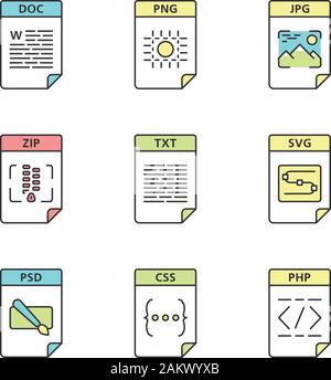 Dateien format Farbe Symbole gesetzt. Text, Bild, Archiv, Webseite Dateien. DOC, PNG, ZIP, TXT, SVG, PSD, CSS, PHP. Isolierte Vektorgrafiken Stock Vektor