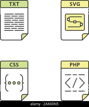 Dateien format Farbe Symbole gesetzt. Text-, Bild-, web Seite Datei. TXT, SVG, CSS, PHP. Isolierte Vektorgrafiken Stock Vektor