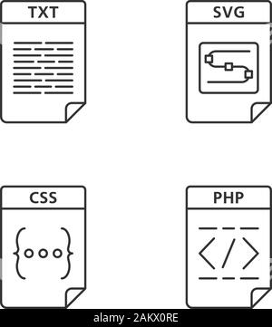 Dateien Format lineare Symbole gesetzt. Präsentation, Webseite, Text, Bild Dateien. TXT, SVG, CSS, PHP. Thin Line Kontur Symbole. Isolierte vektor Kontur illust Stock Vektor