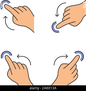Touchscreen Gesten farbige Symbole gesetzt. Streichen Sie nach links, nach rechts blättern gestikulierend. Streichen Sie nach oben und unten streichen, Gesten. Menschliche Finger. Isolierte Vektor illust Stock Vektor