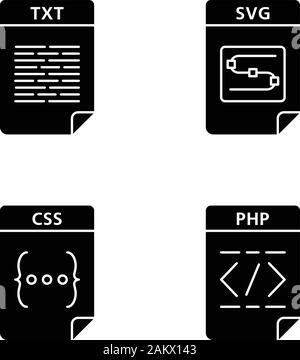 Dateien format Glyphe Symbole gesetzt. Text-, Bild-, web Seite Datei. TXT, SVG, CSS, PHP. Silhouette Symbole. Vektor isoliert Abbildung Stock Vektor