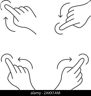 Touchscreen Gesten lineare Symbole gesetzt. Streichen Sie nach links, nach rechts blättern gestikulierend. Streichen Sie nach oben und unten streichen, Gesten. Thin Line Kontur Symbole. Isoliert Stock Vektor