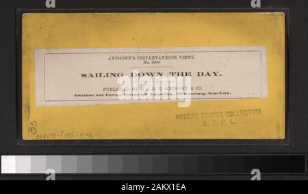 Segeln in der Bucht umfasst einerseits - farbige Anzeigen. Robert Dennis Sammlung von stereoskopische Ansichten. Einige Ansichten haben steuerstempel angebracht. Titel von Cataloger'. Blick auf den Hafen von New York: Fähren, Segelschiffe, Piers und Kaianlagen, Dampfschiffe, einschließlich der Vorsehung und mit Blick auf den Innenbereich, schwebenden Getreidesilos, Lastkähne, Werften, Männer aus dem französischen Mann-von-Krieg Landung in einem dory an der Batterie, die US Barge Office und den Versand news Büro des New York Herald, der Fuß der Whitehall Street, Soldaten auf einen italienischen Mann-von-Krieg mit Bajonetten, Fort Lafayette, Governors Island.; Sai Stockfoto