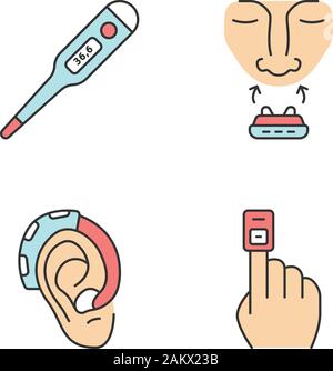 Medizinische Geräte color Symbole gesetzt. Thermometer, anti Schnarchen Nase clip, hören Verstärker, finger Pulsoximeter. Temperatur überwachen, Ohr Klang verbessern Stock Vektor