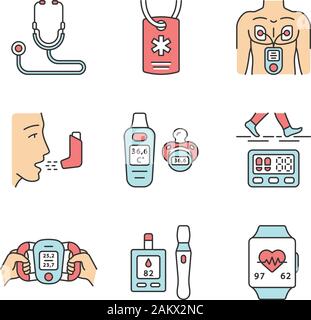 Medizinische Geräte color Symbole gesetzt. Stethoskop, Medical Alert ID Halskette, Inhalator, Muskelstimulator, Puls, Blutzucker überwachen, Schrittzähler, baby Stock Vektor