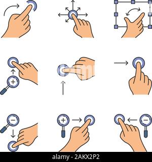 Touchscreen Gesten farbige Symbole gesetzt. Vertikales scrollen, scrollen Sie nach rechts, Gestik und Horizontale. Zoom in, Zoom out Vertikal horizontal. Ziehen Sie den Finger Alle Stock Vektor