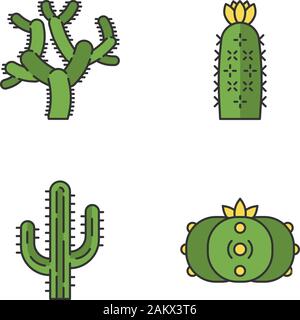 Wilden Kakteen farbige Symbole gesetzt. Amerikanische tropischen Pflanzen. Sukkulenten. Saguaro, Peyote, Igel, Teddybär Kakteen. Isolierte Vektorgrafiken Stock Vektor