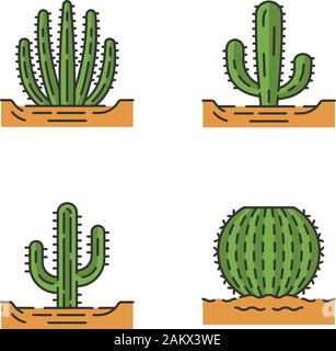 Wilden Kakteen in Boden Farbe Symbole. Sukkulenten. Dornige Pflanzen. Barrel Cactus, Saguaro, mexikanische Riese, Organ Pipe Cactus. Isolierte Vector Illustration Stock Vektor