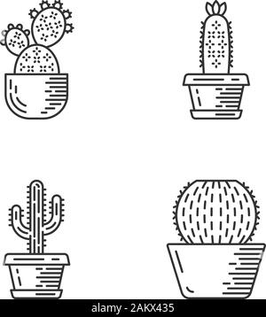 Haus Kakteen im Topf set lineare Symbole. Sukkulenten. Kakteen Sammlung. Feigenkaktus, hedgehog Cactus, Saguaro, barrel Kaktus. Thin Line Kontur Symbole. Stock Vektor