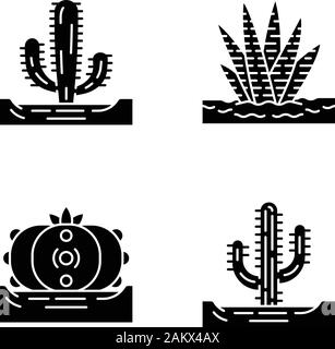 Wilden Kakteen im Zeichenvorrat Symbole. Tropische Sukkulenten. Dornige Pflanzen. Mexikanische Riese, Saguaro, Peyote, zebra Kaktus. Silhouette Symbole. Vektor i Stock Vektor