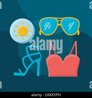 Sommer mode Flachbild Konzept Vektor icon. Shopping Idee cartoon Abbildungen in Farbe gesetzt. Kleidung, Schuhe, Accessoires. Frauen Outfit. Top, Sonnenbrillen Stock Vektor