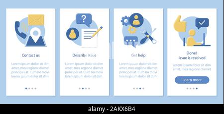 Kontakt mobile App Seite Bildschirm vektor Vorlage. Problem beschreiben, Hilfe erhalten. Customer Support Service. Helpdesk. Flaches Design Website Anweisungen. UX, Stock Vektor