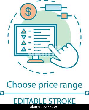 Wählen Preisklasse Konzept Symbol. Online Handel. Erweiterte Suche Optionen. Reisen Budgetplanung. Hotel reservierung Idee dünne Linie Abbildung. Vecto Stock Vektor