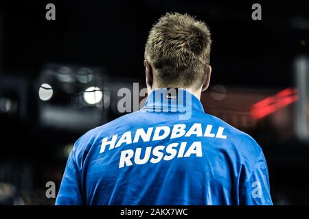 Berlin, 15. Januar 2019: Ein russischer Handballspieler vor einem Spiel während der Handball-Weltmeisterschaft Der Männer Stockfoto