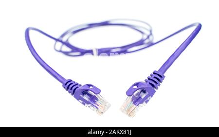 Lila Netzwerkkabel auf weißem Hintergrund Stockfoto