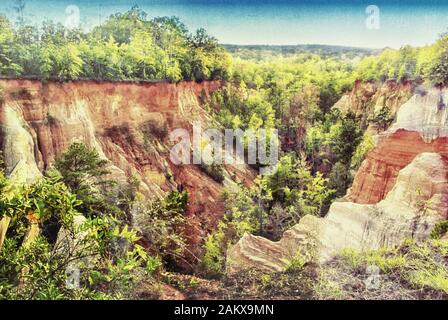 Digitale Kunstlandschaft des Kleinen Grand Canyon im Providence Canyon State Park in Lumpkin Georgia USA schoss nahe Sonnenuntergang die goldene Stunde. Stockfoto