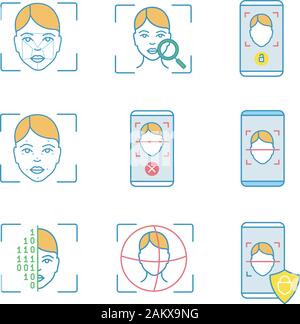 Gesichtserkennung farbige Symbole gesetzt. Die biometrische Identifikation. Faceprint Analyse, face Lock scannen, Banking, Ablehnung, Schutz Smartphone Apps, Stock Vektor