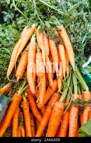 Frisches rohes, ungekochtes Karottgemüse aus biologischem Anbau zum Verkauf auf dem Bauernmarkt. Veganes Essen und gesundes Ernährungskonzept.Top View Lifestyle Stock Foto Stockfoto