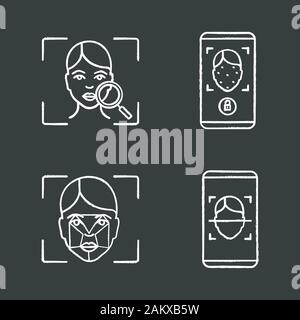 Gesichtserkennung chalk Symbole gesetzt. Die biometrische Identifikation. Faceprint Analyse und Scannen, Face lock Smartphone Apps. Isolierte vektor Schiefertafel i Stock Vektor