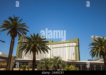 Las Vegas, Nevada, USA - Mai 6, 2019 : Äußeres der Park MGM Resort auf dem Las Vegas Resort. Der Park ist der ehemalige Monte Carlo Resort. Stockfoto