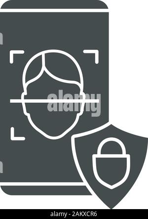 Banking App Gesichtserkennung glyph Icon. Silhouette Symbol. Gesicht Anwendung sperren. Face ID scan Software. Geschützte Privatsphäre. Negativer Platz. Vektor Stock Vektor